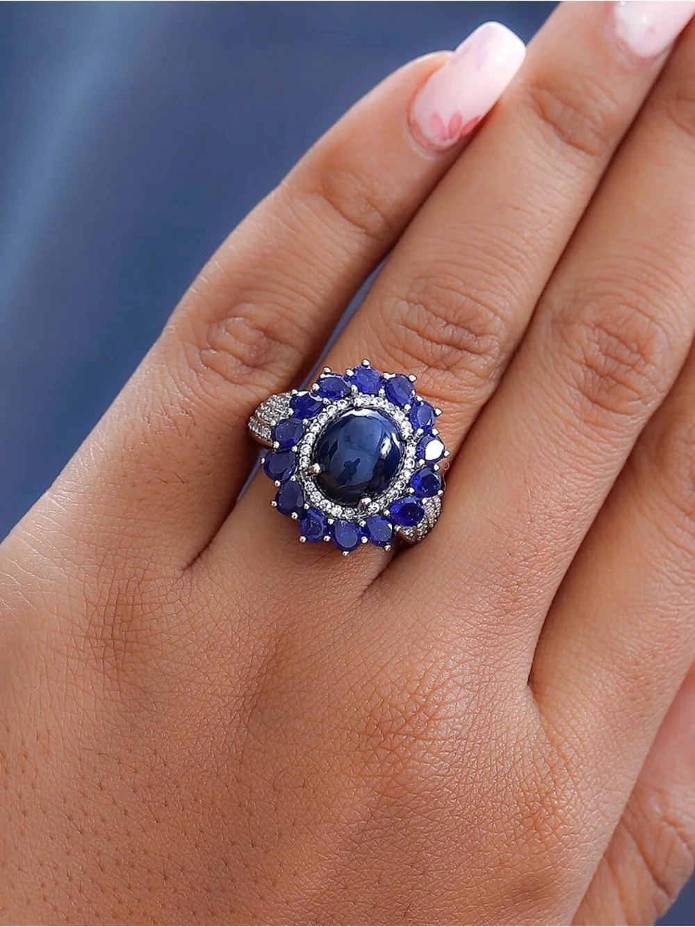 10.2 ctw Blue Star Sapphire Halo Ring - Platinum over Sterling Silver